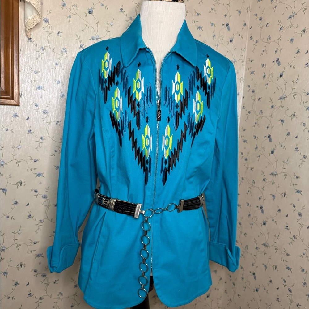 Bob Mackie Art to Wear western embroidered vintage zip front jacket Turquoise